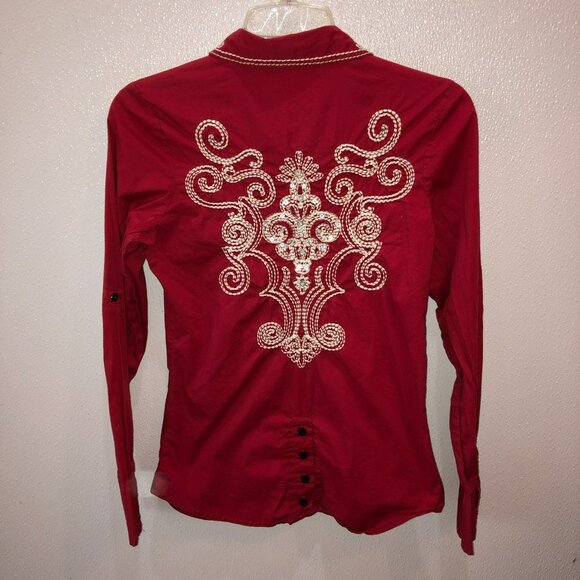 Roar Signature Embellished Y2K Red Button Up Shirt Size XS Heart Pockets - Picture 11 of 11